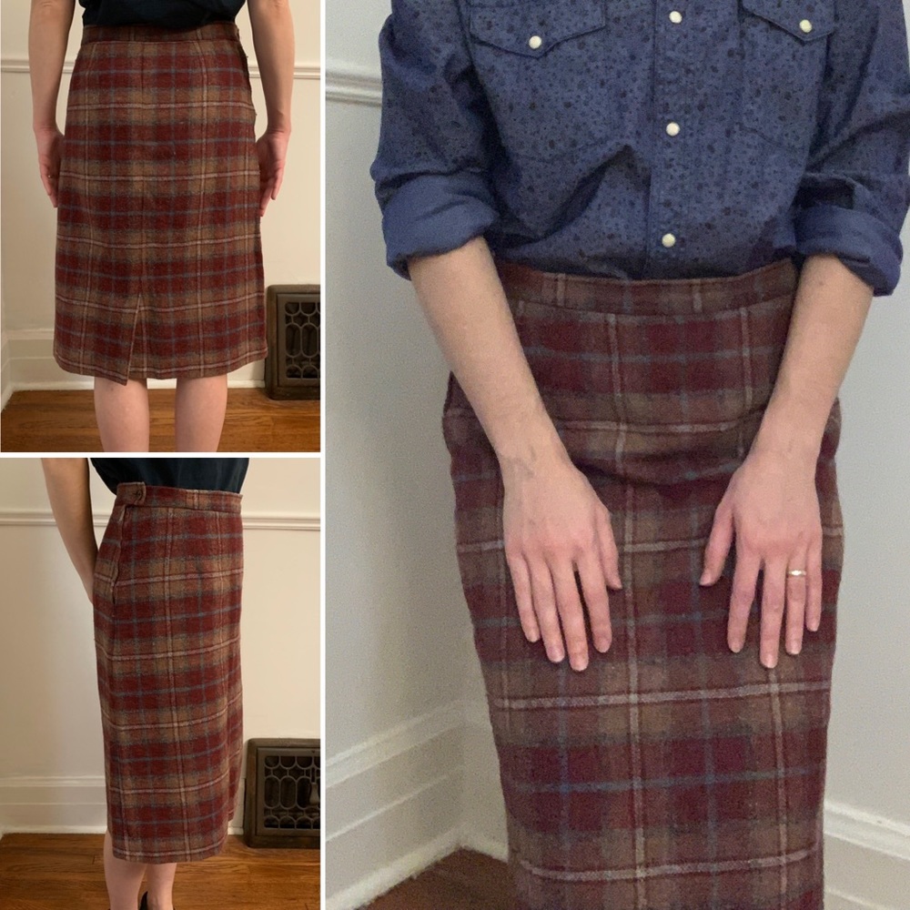 Dark red plaid wool pencil skirt with blue tan and white details